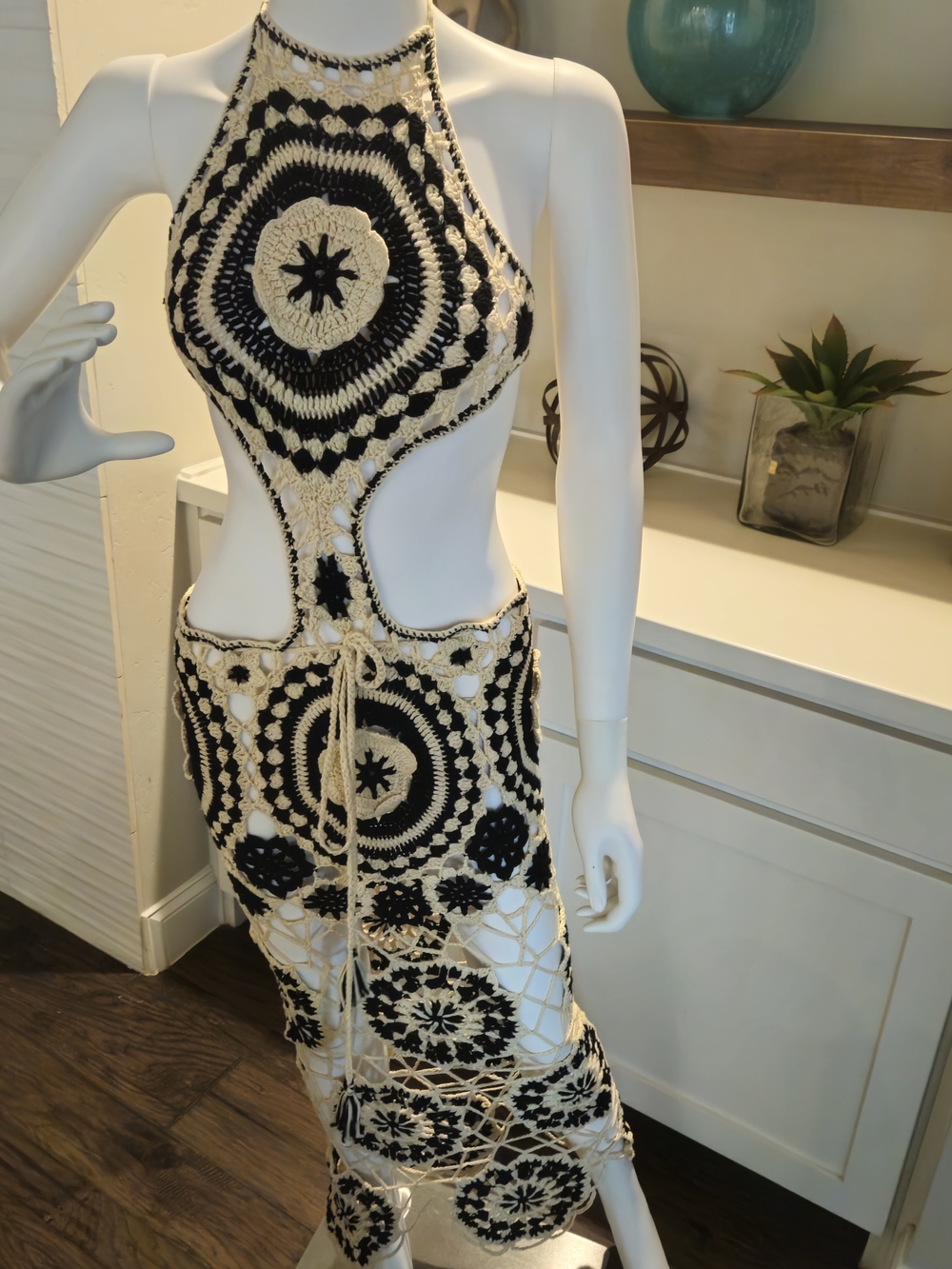 Fashion Nova Black and Cream Crochet Backless Halter Maxi Dress